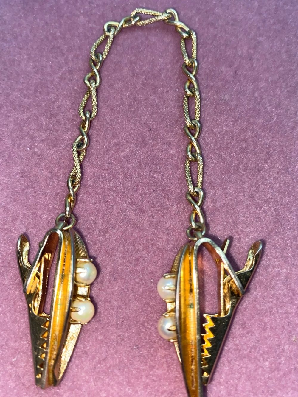 Vintage Gold Tone Dress Clips with Chain and Round Imitation Pearl